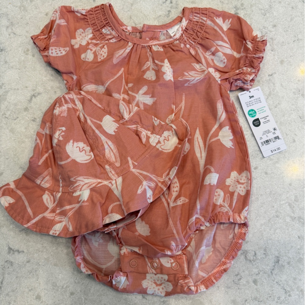 Floral Peach Baby Romper with hat